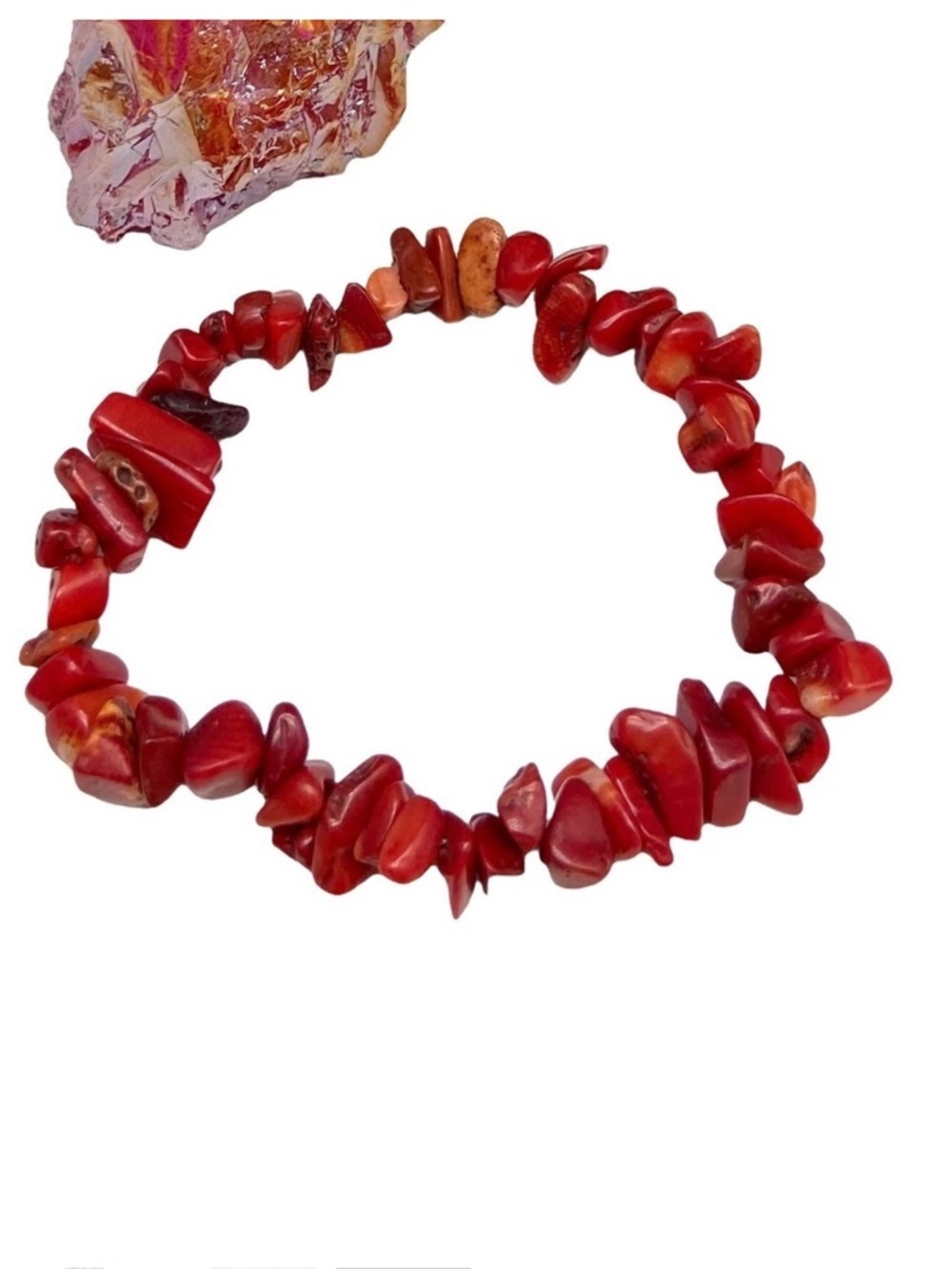 Red Coral Branch Stick Gemstone Chips Beaded Stretch Bracelet Natural Stone - Picture 1 of 4